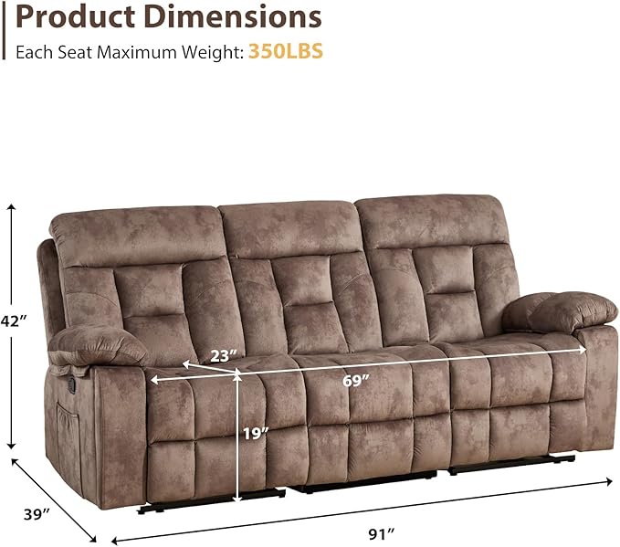 EBELLO Reclining Sofa for Living Room, Extra Wide Modern Overstuffed 3 Seat Recliner Manual Sofa with Hidden Armrest Cup Holders, Soft Breathable Fabric and Padded Seat, Brown