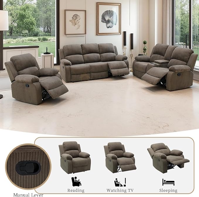 Peanut Brown Corduroy Manual Reclining Sofa Set with Recliner Seats, Living Room Furniture Sets, 3PCS Recliner Sofa with Drop-down Table, Cup Holders and Storage Console for Living Room,Office