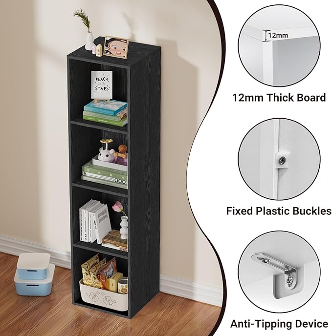 4 Tier Bookshelf, Freestanding Corner Storage Shelve Book Case for Narrow Space, 4 Cube Storage Organizer Small Bookcase for Home Office Living Room (Black, 4 Cube)