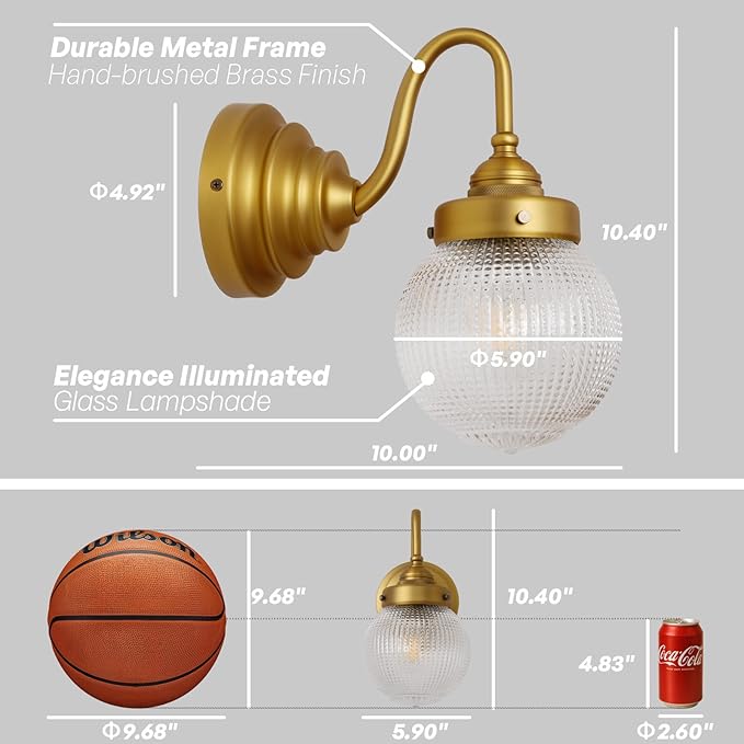 Curved Arm Wall Sconce Lighting with Clear Ribbed Glass Globe Shade, Vintage Brass Bathroom Wall Light Fixtures for Kitchen Living Room Bedroom Farmhouse