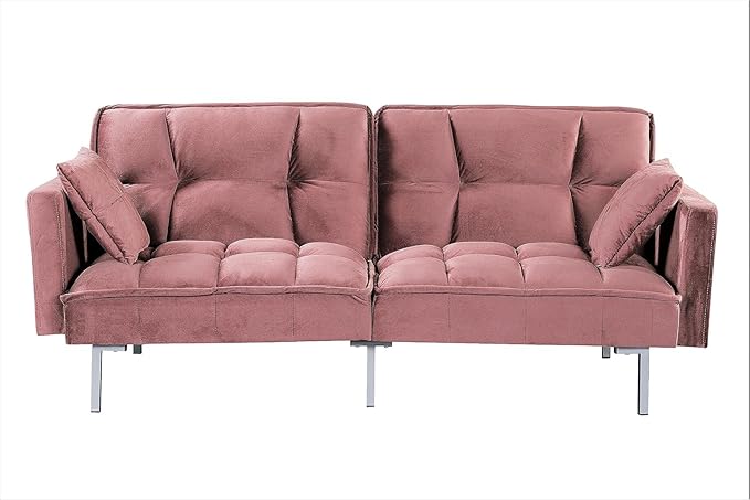 Container Furniture Direct Regal 75.6" Velvet Convertible Sofa Bed - Mid-Century Sleeper Couch w/Tufted Design & Metal Legs - Pull-Out Futon for Guests/Home (75.6" W x 34.6" D x 32" H), Rose