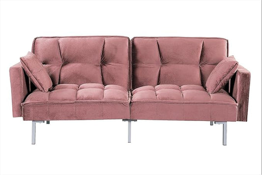 Container Furniture Direct Regal 75.6" Velvet Convertible Sofa Bed - Mid-Century Sleeper Couch w/Tufted Design & Metal Legs - Pull-Out Futon for Guests/Home (75.6" W x 34.6" D x 32" H), Rose