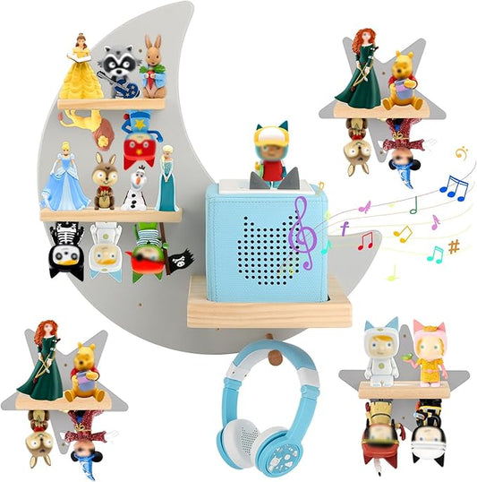 Moon + Stars for Toniebox 1/2 Tonies Figures Organizer Storage Shelf Wall Mounted, Magnetic Floating Shelves for Toniebox Player, Characters, Earphones, Display Collection 20~30 Characters (Gray)