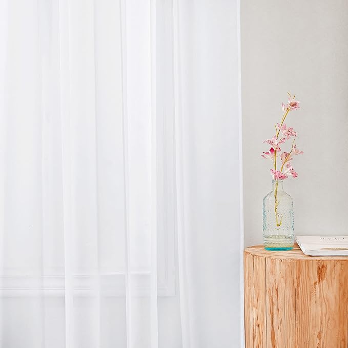 NICETOWN 90 inch Sheer Curtains for Living Room, Rod Pocket Elegant Voile Sheer Light Filtering Curtains Window Treatment for Doorway/Living Room, White, 1 Pair, W54 x L90