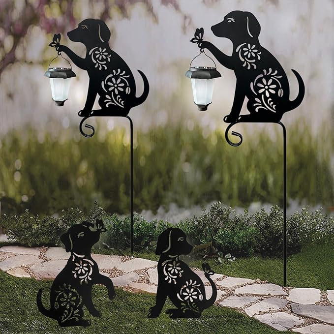 Dog Holding Solar Lantern Decorative Garden Stakes Outdoor Metal Dogs Decorative Stakes for Yard,Lawn,Patio,Pathway (Dog Decor Stakes)