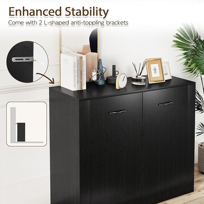 Giantex Modern Storage Cabinet, 38" Credenza with 2 Doors and 4 Cubic Shelves, Anti-Tipping Device, Sturdy Metal Hings, Wooden Sideboard Cabinet for Living Room, Kitchen, Entryway, Black