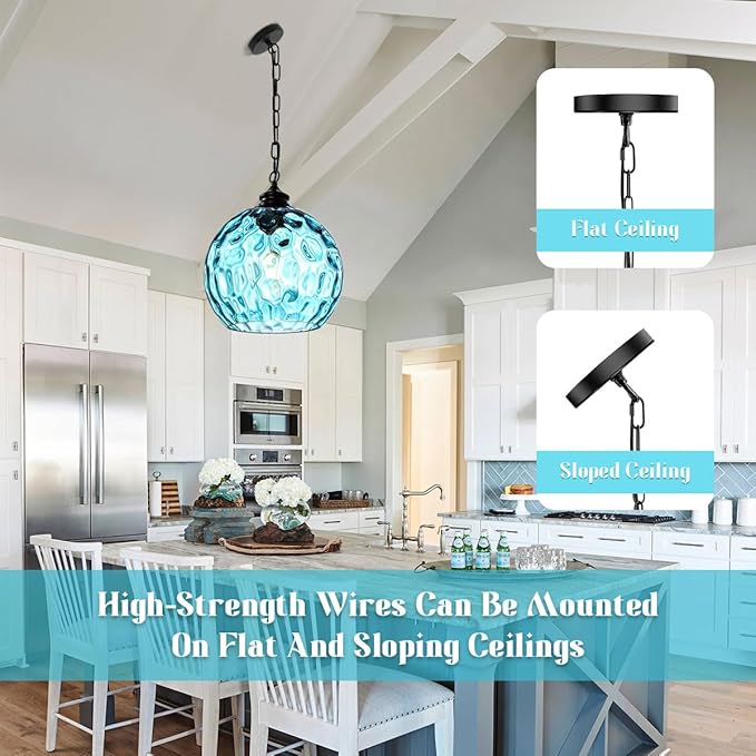 Globe Pendant Lights Blue Glass Pendant Light 1-Light Vintage Black Pendant Light 13.7 inch Large Chandelier mid Century Modern Hanging Lighting for Kitchen Dining Room Bedroom Living Room