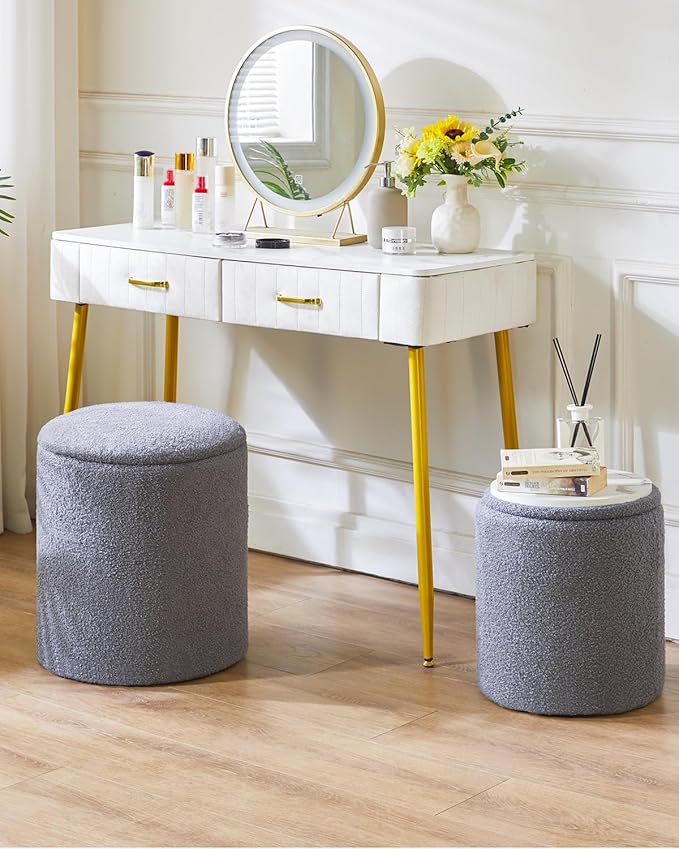IBUYKE Storage Ottoman Set of 2 Round Ottoman Fleece Vanity Stool with Storage Velvet Footrest Stool End Table Boucle Ottoman for Home Organization Gray UWBD015G