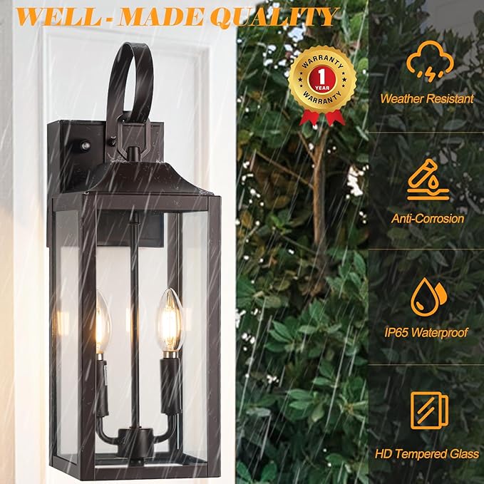 Porch Lights with GFCI Outlet, 19" Brown Dusk to Dawn Outdoor Wall Lantern 2-Light, Exterior Lighting Fixtures with GFCI Outlet Built-in, Waterproof Bronze Outdoor Wall Sconce for House, 1 Pack