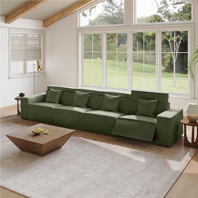 145" Power Sofa, Modern Recliner Sofa for Living Room, Performance Fabric Seats with Pillows, Mid Century Modern Couch, Pet Friendly, Free Combination for Home, Green