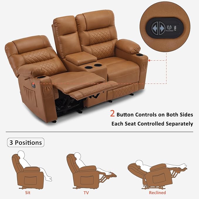 MCombo Zero Gravity Power Loveseat Recliner with Console, Heat and Vibration Massage, Reclining Loveseat Sofa with USB Ports, Cup Holders for Living Room, Faux Leather PR622Sets (Saddle)