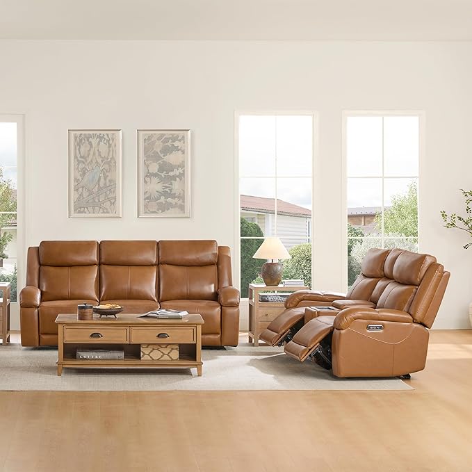 Watson & Whitely Power Reclining Sofa and Loveseat Sets, Genuine Leather Sofa Recliner Couch Set with Power Headrest, Storage Console, USB Ports, Cup Holders, Living Room Furniture Set, Saddle Brown