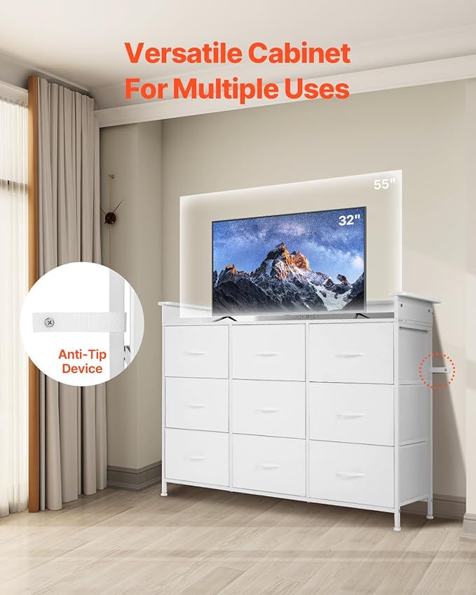 VEVOR 9 Drawer Dresser, Tall Drawer Dresser with Fabric Bin, Closet Storage Drawers with Sturdy Metal Frame, LED Lights & Built-in Outlet, Fabric Storage Tower for Bedroom, Hallway, Closet, White