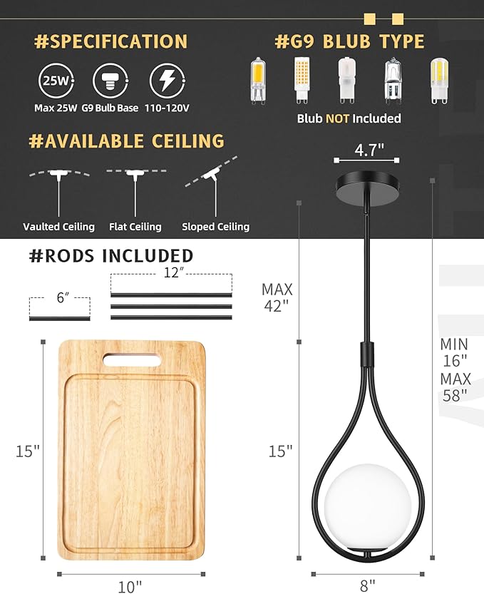 AUTELO Black Pendant Lights Kitchen Island, 1-Light Pendant Lights with Milky White Globe Glass, Modern Pendant Light Fixtures, Black Hanging Lamp for Kitchen Island H9377 MGBK