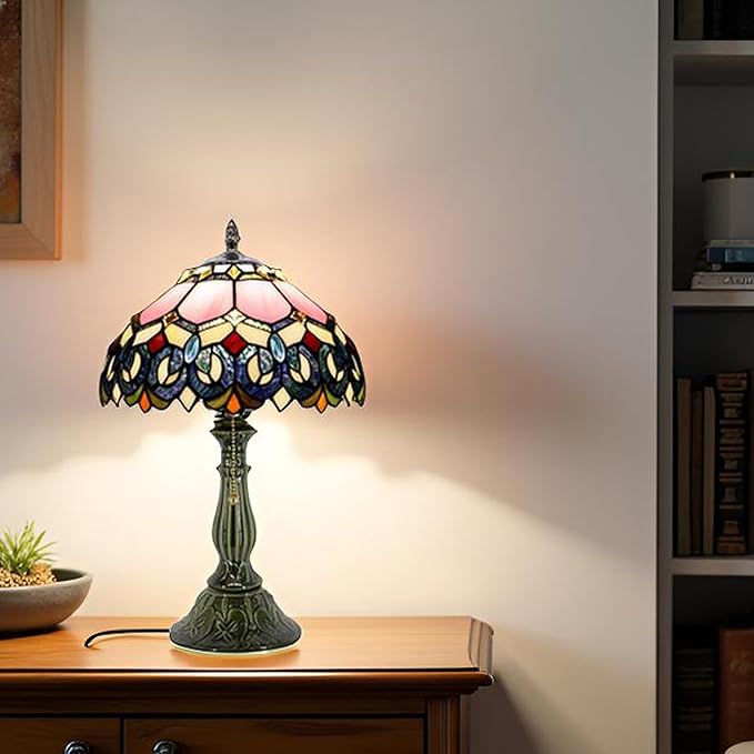Tiffany Lamp Stained Glass Table Lamps Pink Jewelry Baroque Style Desk Lamp 12X12X18.5 Inch Bronze Ceramic Base Reading Light Suitable for Bedside Bedroom Living Room Dining Room Office