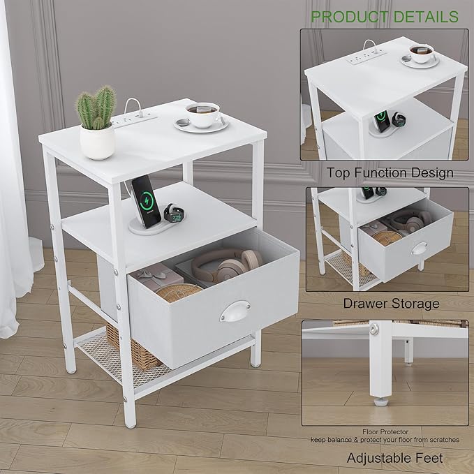 Sthmec Nightstands with Charging Station, LED Bedside Tables with Charging Station and Fabric Drawer, Night Stand with Storage, 3 Tier Side Table with Open Shelf, LED Nightstand Bedside Table,White