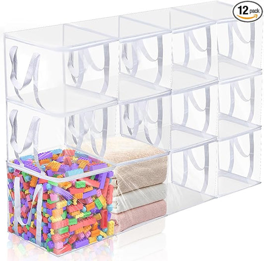 12 PCS Clear Plastic Organizers 12''x12''x12'' Blanket Storage Bags with Zipper Storage Cube Tote with Reinforced Handles for Clothes Moving Supplies Linens Shoes Closet Toys Organizers