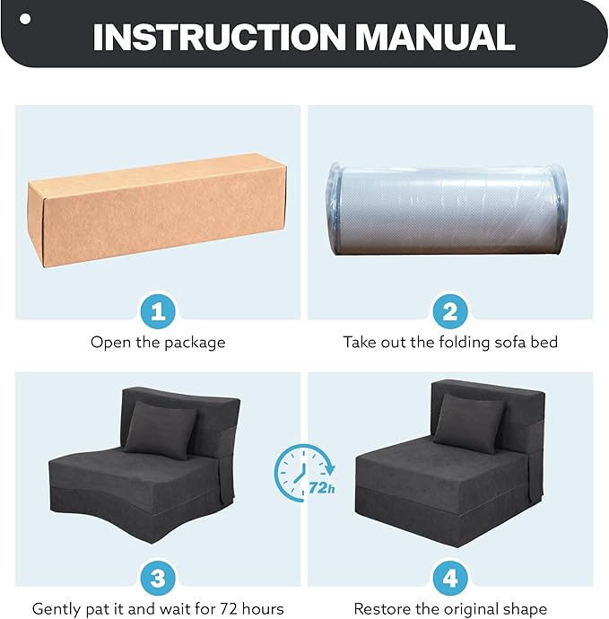 Fvkind Folding Sofa Bed, 4 in 1 Convertible Fold Out Single Chair Bed with Pillow, Memory Foam Futon Chair, Foldable Futon Couch, Foldable Sofa Mattress for Living Room, Bedroom, Guest Room, Dark Grey