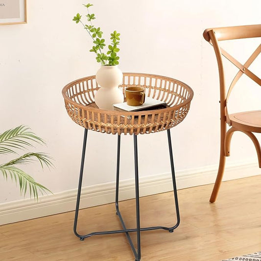 Oakrain Small End Table, Small Round Coffee, Bamboo&Rattan, Accent Table with Boho Style, for Balcony, Livng Room, Bedroom (18.11inch, 1PCS)