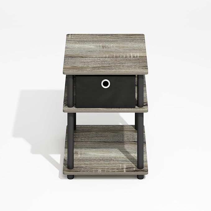 Furinno Turn-N-Tube Side Table, 3-Tier Square Modern End Table with Storage Bin, Open Shelf Night Stand, Bedside Table, Easy Assembly, Grey Oak/Black/Black