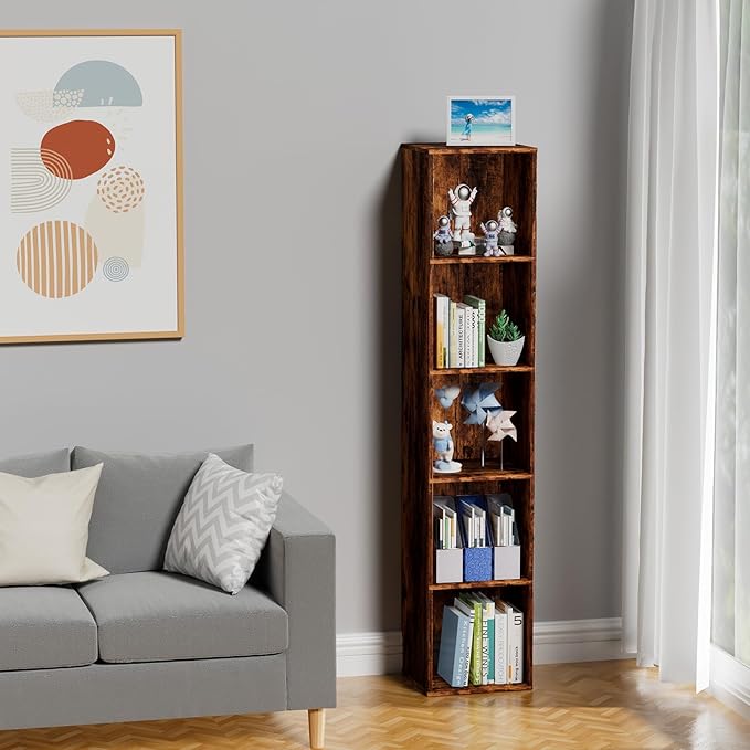 5 Tier Bookshelf, Open Tall Narrow Floor Standing Bookcase, Wooden Book Shelf Display Organizer for Home Office, Study (Retro Brown, 5 Cube)