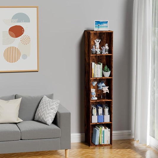 5 Tier Bookshelf, Open Tall Narrow Floor Standing Bookcase, Wooden Book Shelf Display Organizer for Home Office, Study (Retro Brown, 5 Cube)