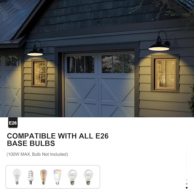 Dusk to Dawn Sensor Outdoor Barn Light Fixtures, 16 Inch Dome Farmhouse Outdoor Wall Sconces, Rustic Exterior Wall Mount Lights, Industrial Black White Lanterns for Porch, 2 Pack