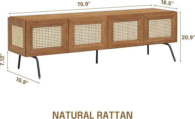 NTC Mossic TV Media Cabinet with 4 Doors for TVs, Entertainment Center with Natural Rattan, Metal Legs, Modern Storage Console for Living Room and Bedroom, Effortless Assembly, Teak Look