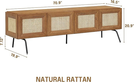 NTC Mossic TV Media Cabinet with 4 Doors for TVs, Entertainment Center with Natural Rattan, Metal Legs, Modern Storage Console for Living Room and Bedroom, Effortless Assembly, Teak Look