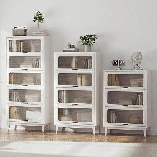 60'H Solid Wood Bookcase,4 Tier Tall Black Book case with Doors, Display Cabinet Storage Shelves for Collectibles, Living Room Bedroom Home Office Kitchen