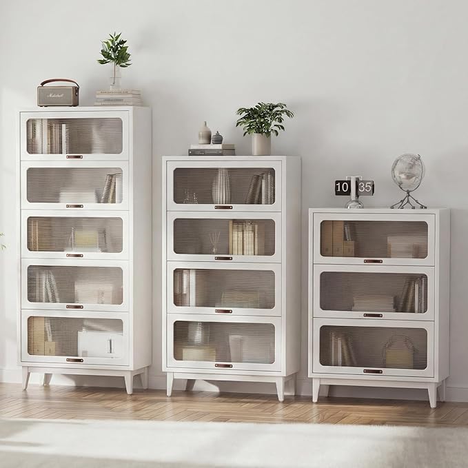 71'H Solid Wood Bookcase,5 White Book case with Glass Doors,Wooden Pantry Cabinet for Kitchen,Freestanding Display Storage Shelves for Collectibles, Living Room Bedroom Home Office