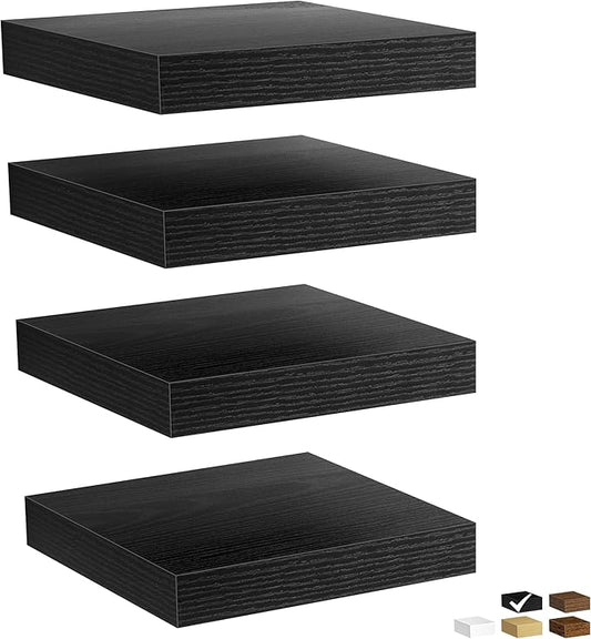 Fun Memories Floating Shelves for Wall, Rustic Wood Wall Mounted Shelves for Bathroom, Bedroom, Living Room & Kitchen, Storage Display Shelves, (Set of 4, Black, 9.3 in)
