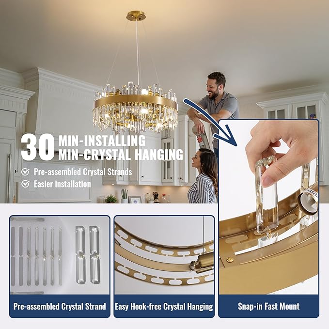 Gold Crystal Chandelier for Dining Room, 12-Light Modern Chandelier, 23.6-inch K9 Crystal Raindrop Ceiling Light, Luxury Flush Mount Light Fixture for Kitchen Living Room Entryway Bedroom