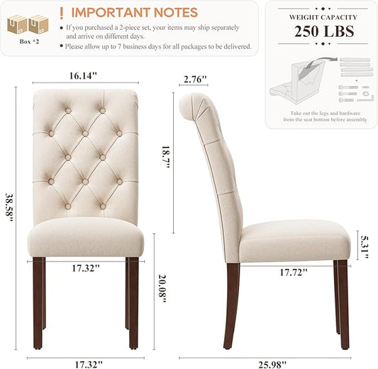 Upholstered Tufted Dining Room Chairs Set of 4, Parsons Kitchen Chairs with Padded Seat and Solid Wood Legs, Fabric Accent Side Diner Chair for Dining Room/Kitchen/Living Room, Beige