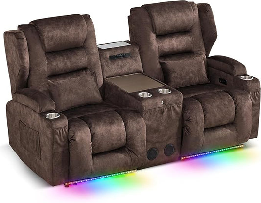 SAMERY Loveseat Recliner Sofa, Power Reclining Loveseat Sofa, Wall Hugger Recliners RV Couch with Console, Lift-Top Table, Rhythm & Ambient LED Lights, USB-C, Outlets, Velvet, Chestnut | Extra Wide Seat, Plush Padding, Dual Power Recline, Lift-Up Table...