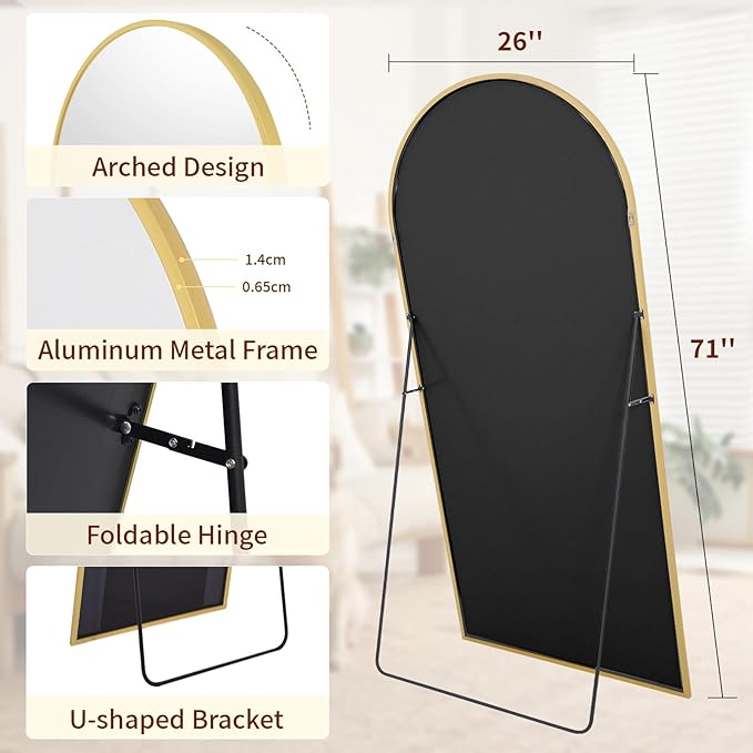 71"x26" Arched Mirror Full Length, Standing Floor Mirror, Wall Mounted Mirror with Aluminum Frame - for Standing, Leaning or Hanging, for Living Room Dressing Room, Gold
