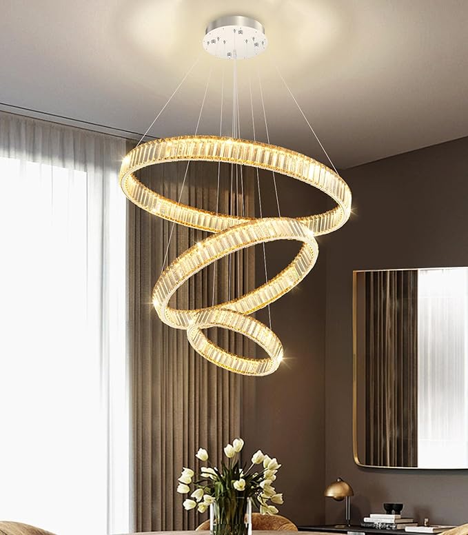 24''+16''+8'' Modern Ring Chandelier Crystal Chandeliers for Dining Room Round LED Dimmable Ceiling Light Fixture for Living Room Bedroom Lighting Silver