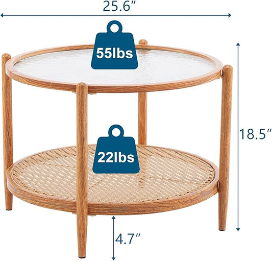 VINGLI 25.6" Rattan Coffee Table, Round Water-Wave Glass Metal Center Table, Modern Coffee Table with 2-Tier Storage, Farmhouse Circular Table for Living Room and Small Space, Natural Vibe