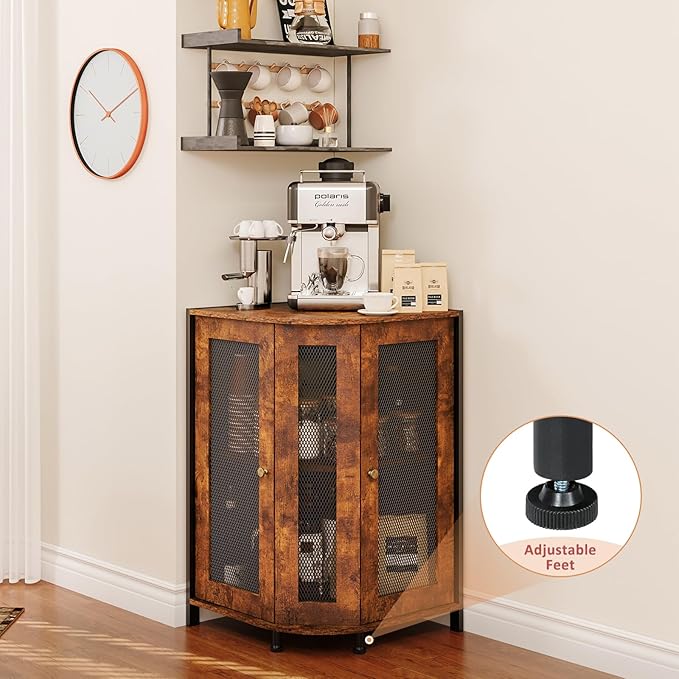 keomaisyto Coffee Bar Cabinet, 3-Tier Corner Coffee Cabinet with Storage Shelf & 18.7" Countertop, Rustic Wood Corner Bar Station with Magnetic Door for Kitchen/Entrance/Living Room/Dining Room