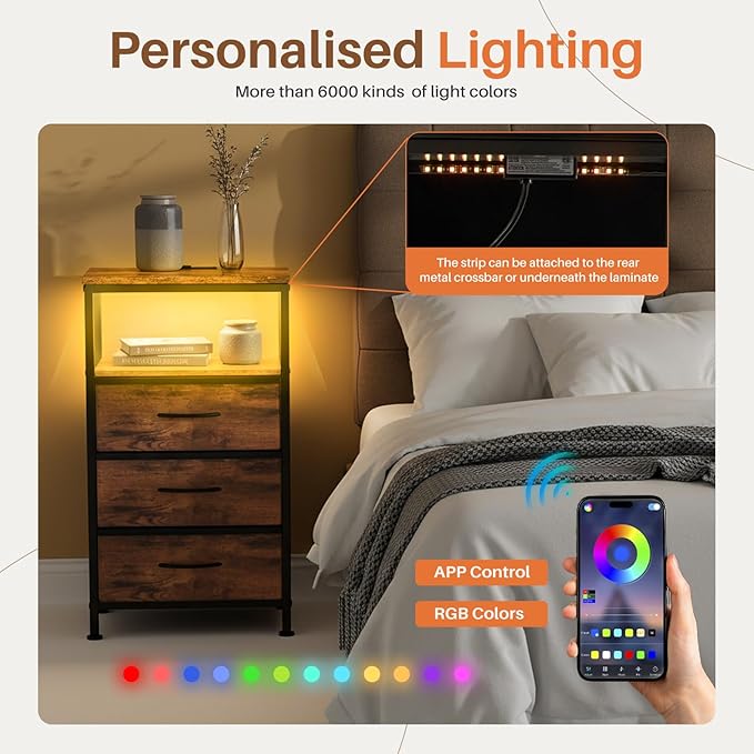 Sweetcrispy Nightstand with Charging Station, Bedside End Table with 3 Fabric Drawers & USB/Type-C Ports and Outlets, Night Stand for Bedroom Furniture, Adjustable Feet and Variable Light Strip, Rust