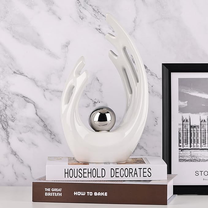 12"H White Silver Aesthetic Room Decor Accent, TV Stand Funky Table Centerpiece, Abstract Art Ceramic Statue and Sculpture, Silver Decor for Living Room, Bookshelf Decorative Objects, Shelf Decor