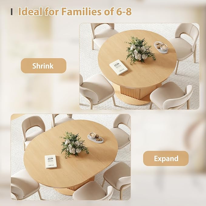 47.24"-62.99" Oval Expandable Dining Table, Round Dining Table for 4-6 People with Distinctive Knurled Base, Round Kitchen Table with Slide Metal Track for Kitchen,Living Room-Light Brown