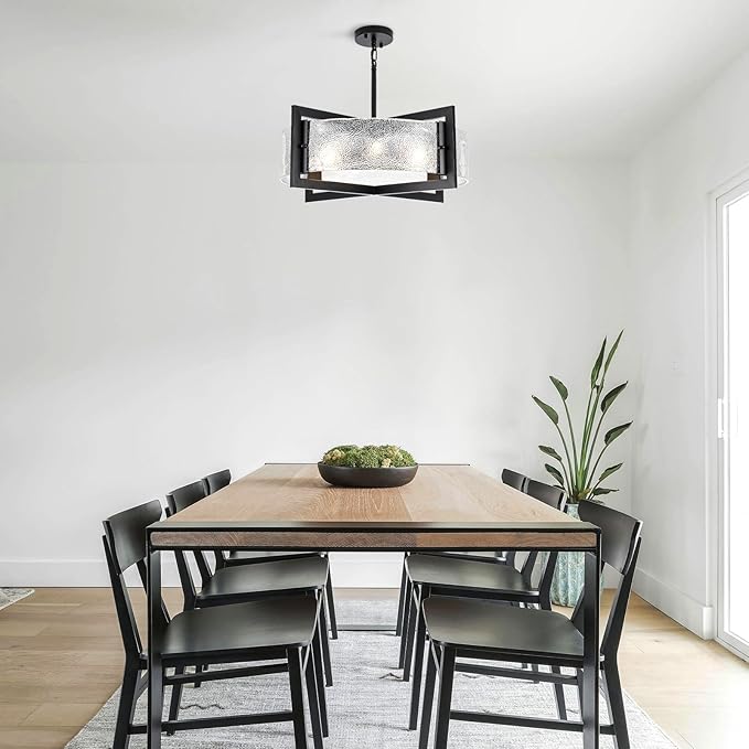 ALISADABOY Black Chandeliers for Dining Room Modern 23.62’’ Inch Large Chandeliers with Glass Shade Farmhouse 6 Light Drum Chandelier Light Fixture for Kitchen Island Hallway Entryway Living Room