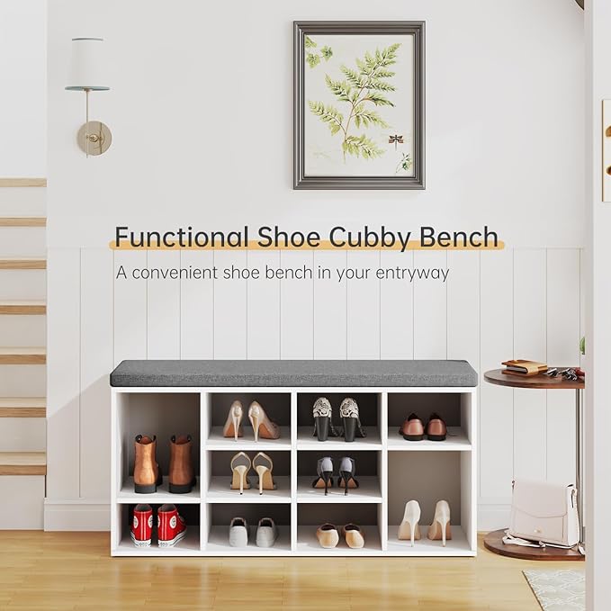 PayLessHere Shoe Bench Storage Bench 10 Compartments Shoe Organizer with 3-Tier Shoe Rack Bench Adjustable Shelves Shoe Shelf for Living Room Entryway Hallway Bedroom (White and Grey)