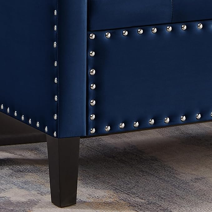 Velvet Storage Ottoman with Armrests, Upholstered Button Tufted Entryway Bench with Nails Trim for Bedroom End of Bed, Living Room,Navy