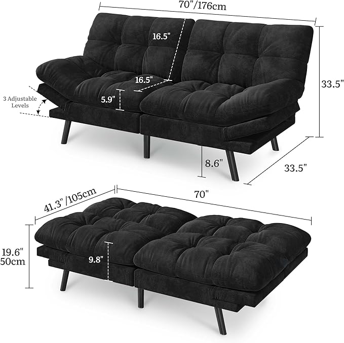 YITAHOME Futon Sofa Bed with 3-Position Adjustable Backrest & Armrests, Upholstered Loveseat Couch Bed, Expandable Foldable Design for Living Room, Bedroom, Small Apartments, Black