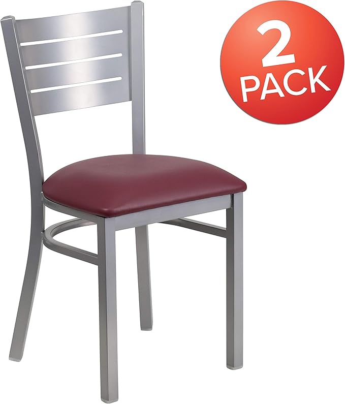 Flash Furniture 2 Pk. HERCULES Series Silver Slat Back Metal Restaurant Chair - Burgundy Vinyl Seat