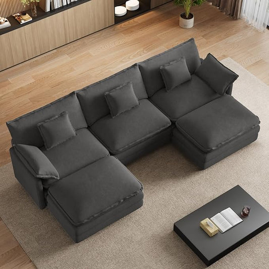 114" U Shaped Cloud Couch Sectionals Oversized Sectional Couches for Living Room Modular Couch, Large Velvet Cloud Sofa with Movable Ottoman, Grey
