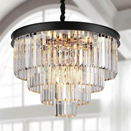 Modern Crystal Chandeliers 24" Round Top K9 Crystals Chandelier Adjustable Ceiling Light Fixture 4-Tier K9 Crystal Pendant Lamp 12-Light for Dinning Room Living Room Foyer
