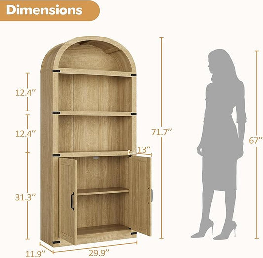 GarveeHome Bookcase with Doors Arched Bookshelf 71.65 in Tall Bookcase Farmhouse Cabinet with Shelves Wooden Bookshelves for Home Office, Living Room (Light Oak)
